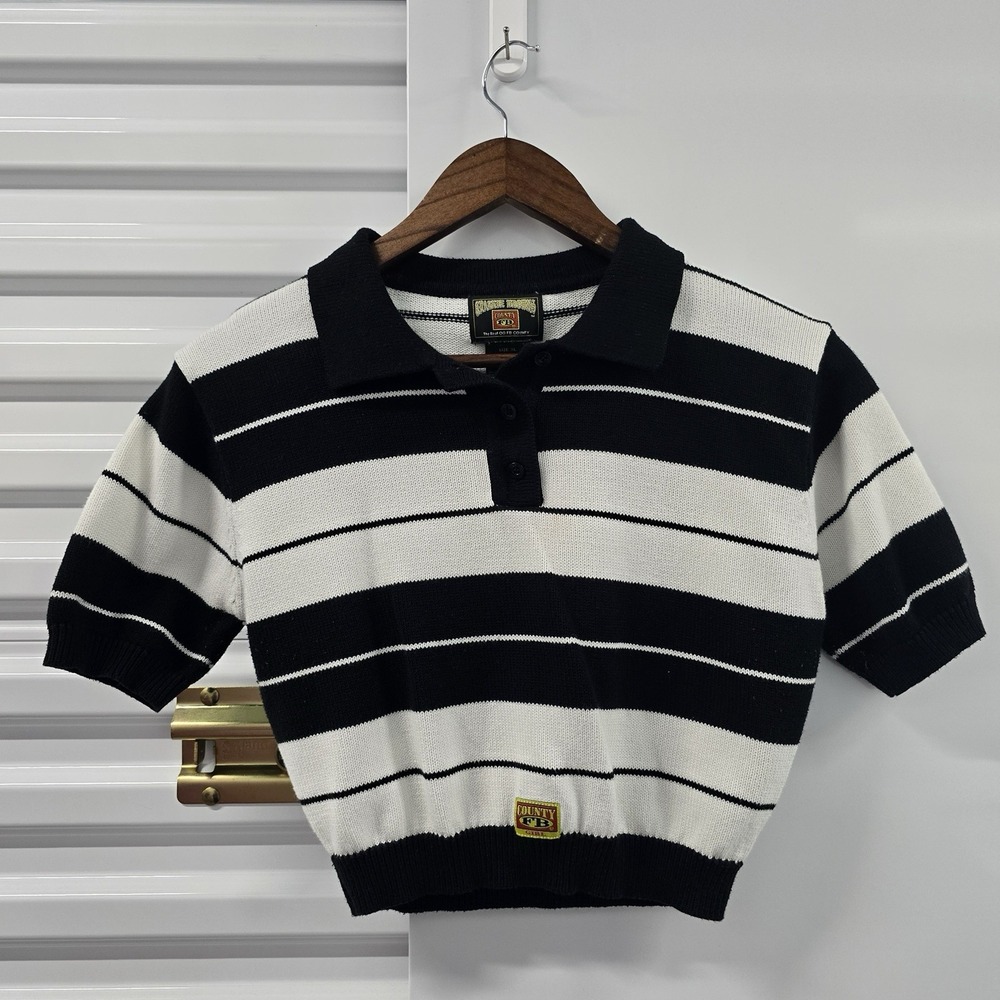 FB County Youth XL Girls Charlie Brown Striped Knit Crop Polo Shirt Black White